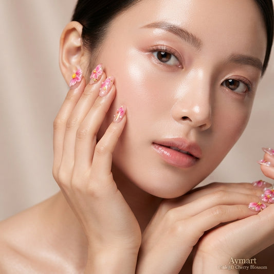 Aymart 24 Pcs Press On Nails – Pink 3D Cherry Blossom Rhinestone Reusable Almond Artificial Fake Nails Set for Women