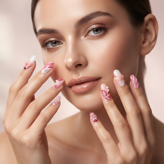 Aymart 24 Pcs Press On Nails – Pink 3D Floral Pearl Design Reusable Almond Artificial Fake Nails Set for Women
