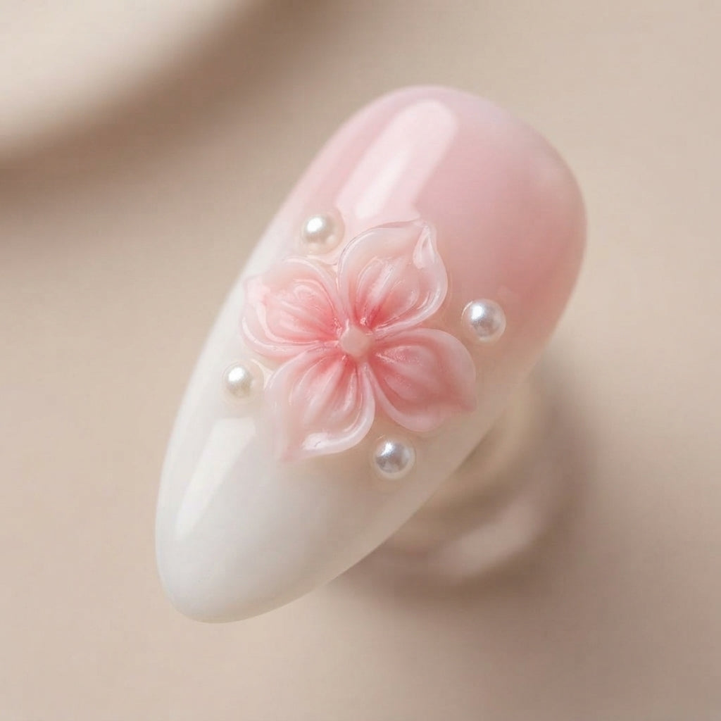 Aymart 24 Pcs Press On Nails – Pink 3D Floral Pearl Design Reusable Almond Artificial Fake Nails Set for Women