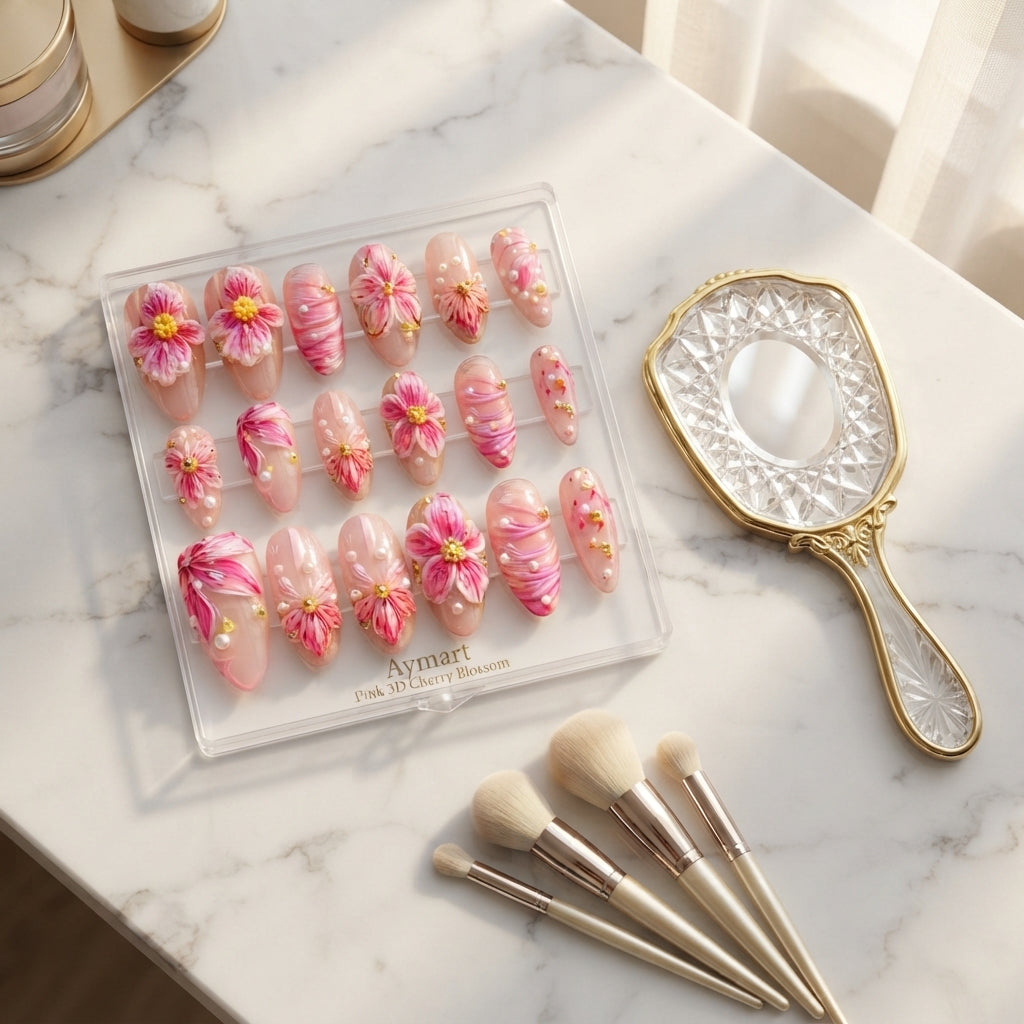 Aymart 24 Pcs Press On Nails – Pink 3D Cherry Blossom Rhinestone Reusable Almond Artificial Fake Nails Set for Women