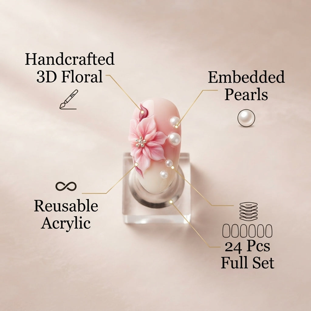 Aymart 24 Pcs Press On Nails – Pink 3D Floral Pearl Design Reusable Almond Artificial Fake Nails Set for Women