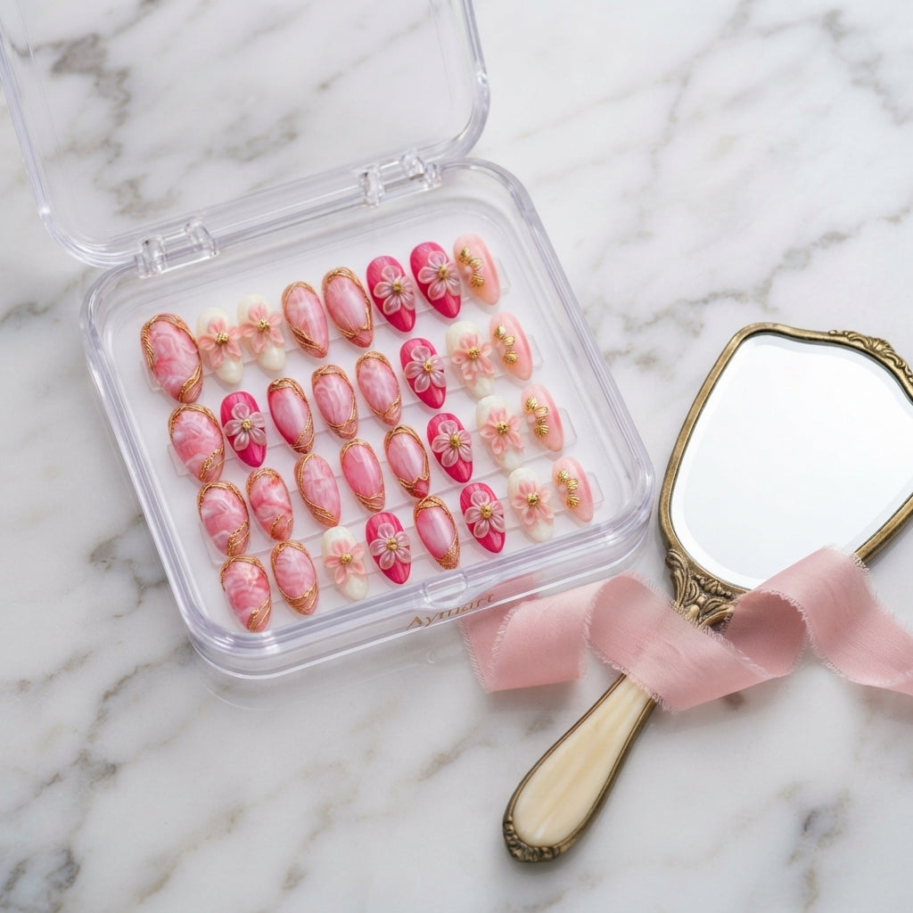 Aymart 24 Pcs Press On Nails – Pink 3D Floral Gold Foil Design Reusable Almond Artificial Fake Nails Set for Women