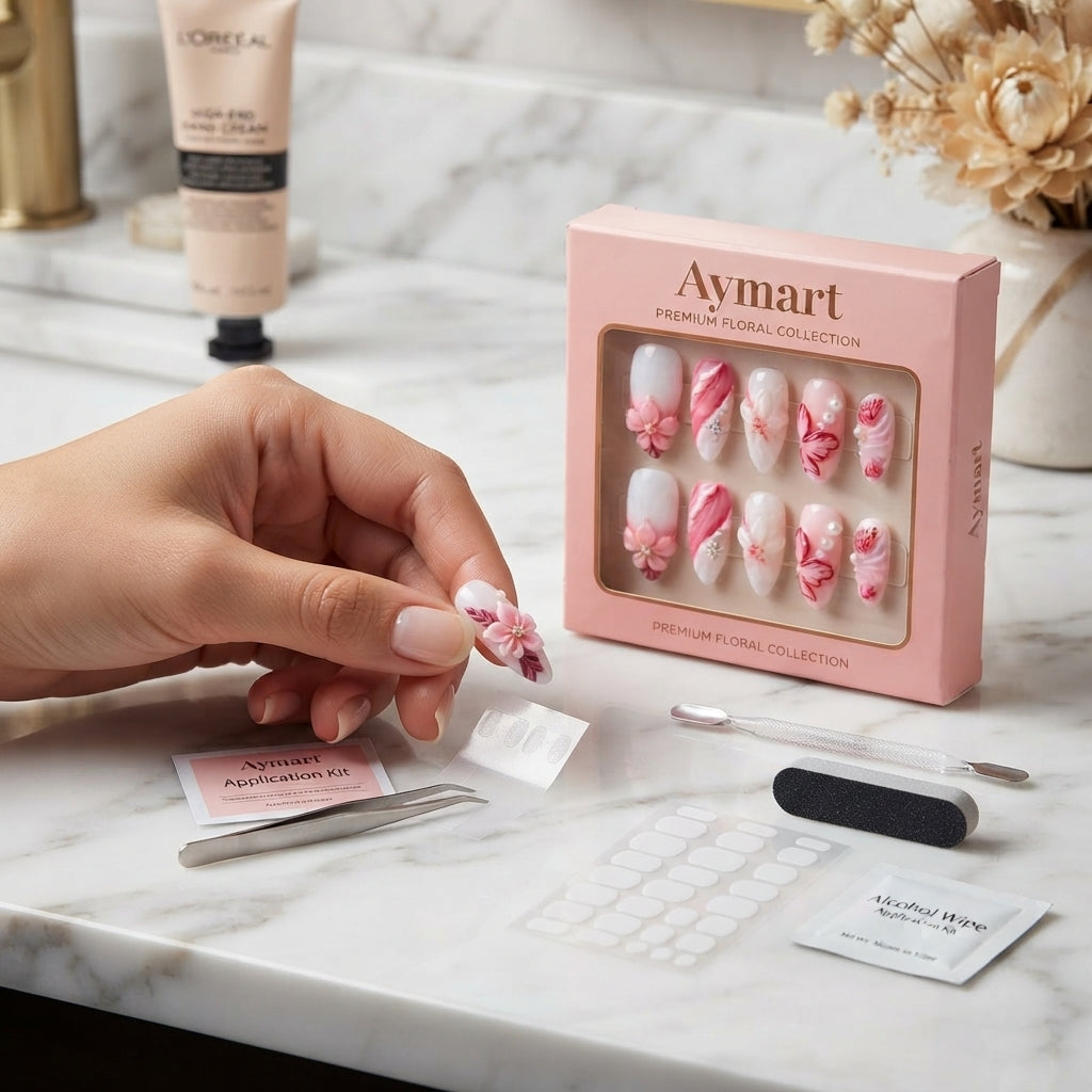 Aymart 24 Pcs Press On Nails – Pink 3D Floral Pearl Design Reusable Almond Artificial Fake Nails Set for Women