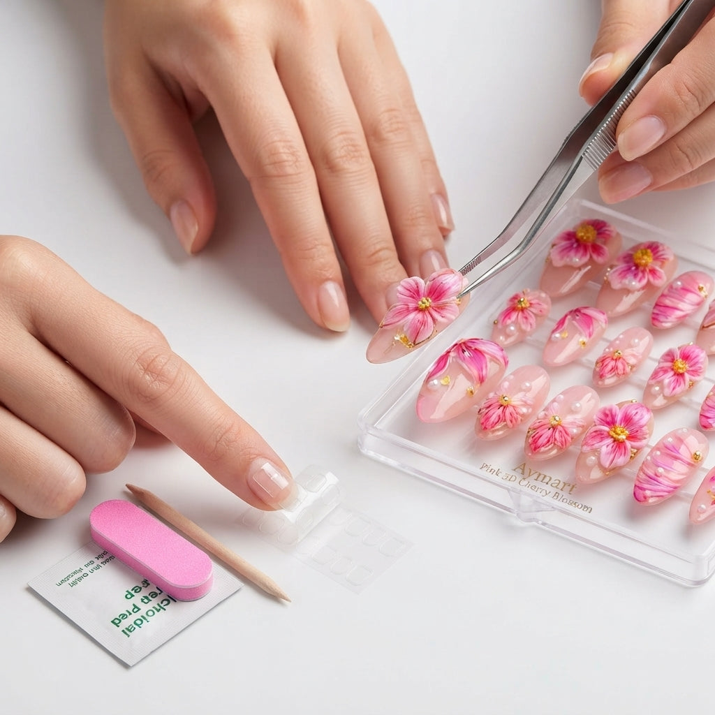 Aymart 24 Pcs Press On Nails – Pink 3D Cherry Blossom Rhinestone Reusable Almond Artificial Fake Nails Set for Women