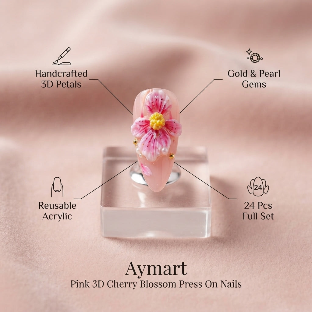 Aymart 24 Pcs Press On Nails – Pink 3D Cherry Blossom Rhinestone Reusable Almond Artificial Fake Nails Set for Women