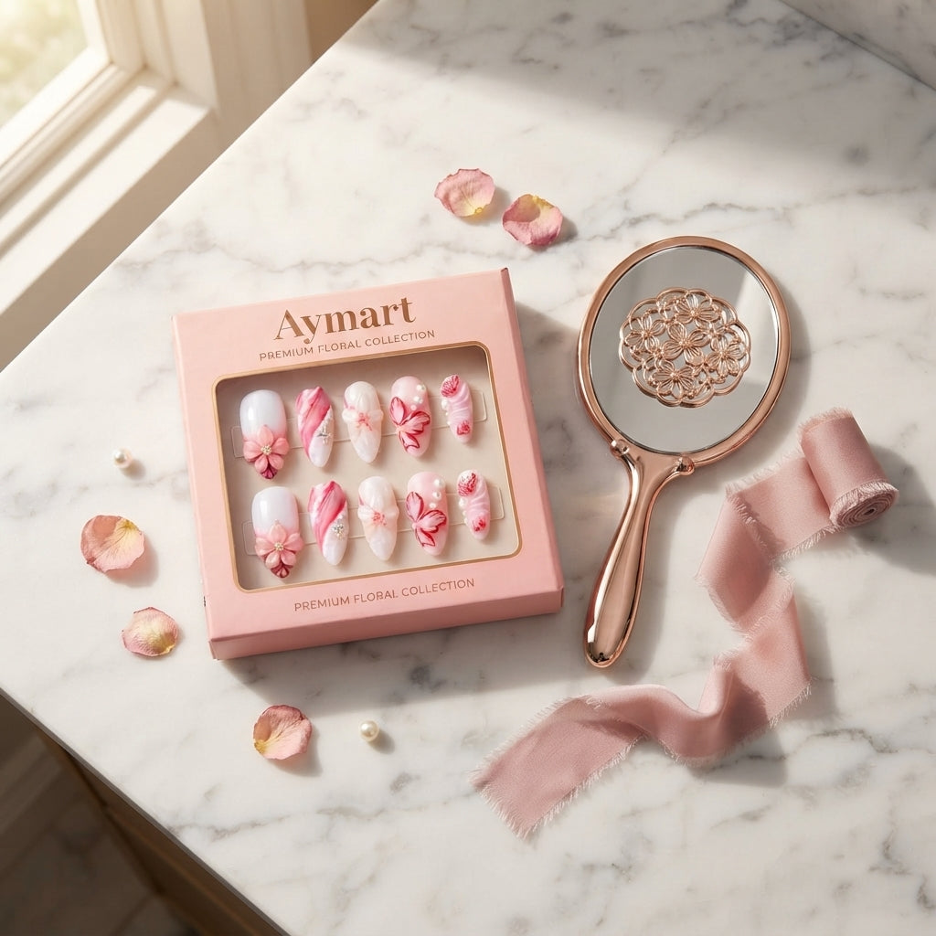 Aymart 24 Pcs Press On Nails – Pink 3D Floral Pearl Design Reusable Almond Artificial Fake Nails Set for Women