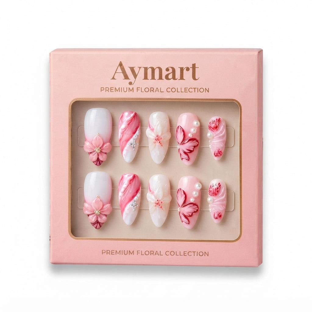 Aymart 24 Pcs Press On Nails – Pink 3D Floral Pearl Design Reusable Almond Artificial Fake Nails Set for Women