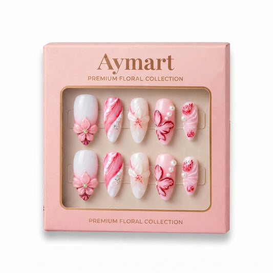 Aymart 24 Pcs Press On Nails – Pink 3D Floral Pearl Design Reusable Almond Artificial Fake Nails Set for Women
