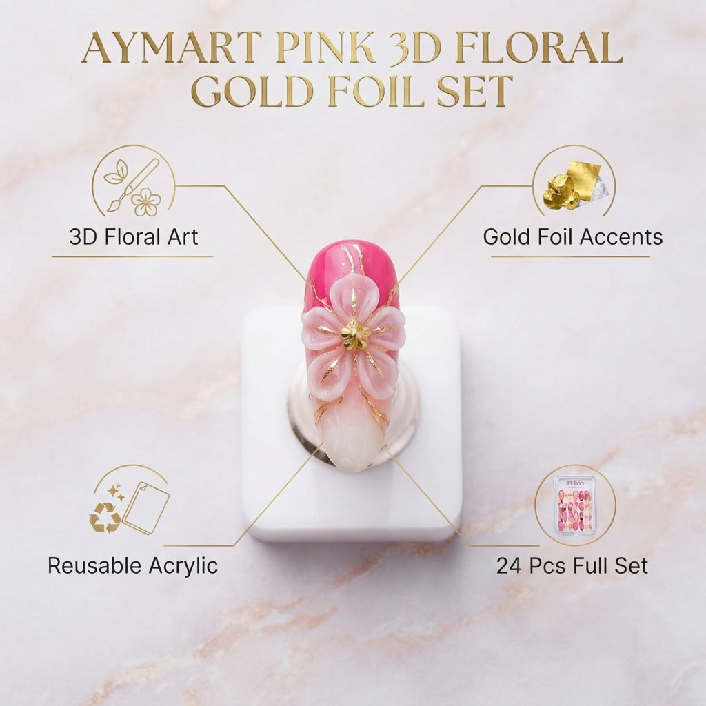 Aymart 24 Pcs Press On Nails – Pink 3D Floral Gold Foil Design Reusable Almond Artificial Fake Nails Set for Women