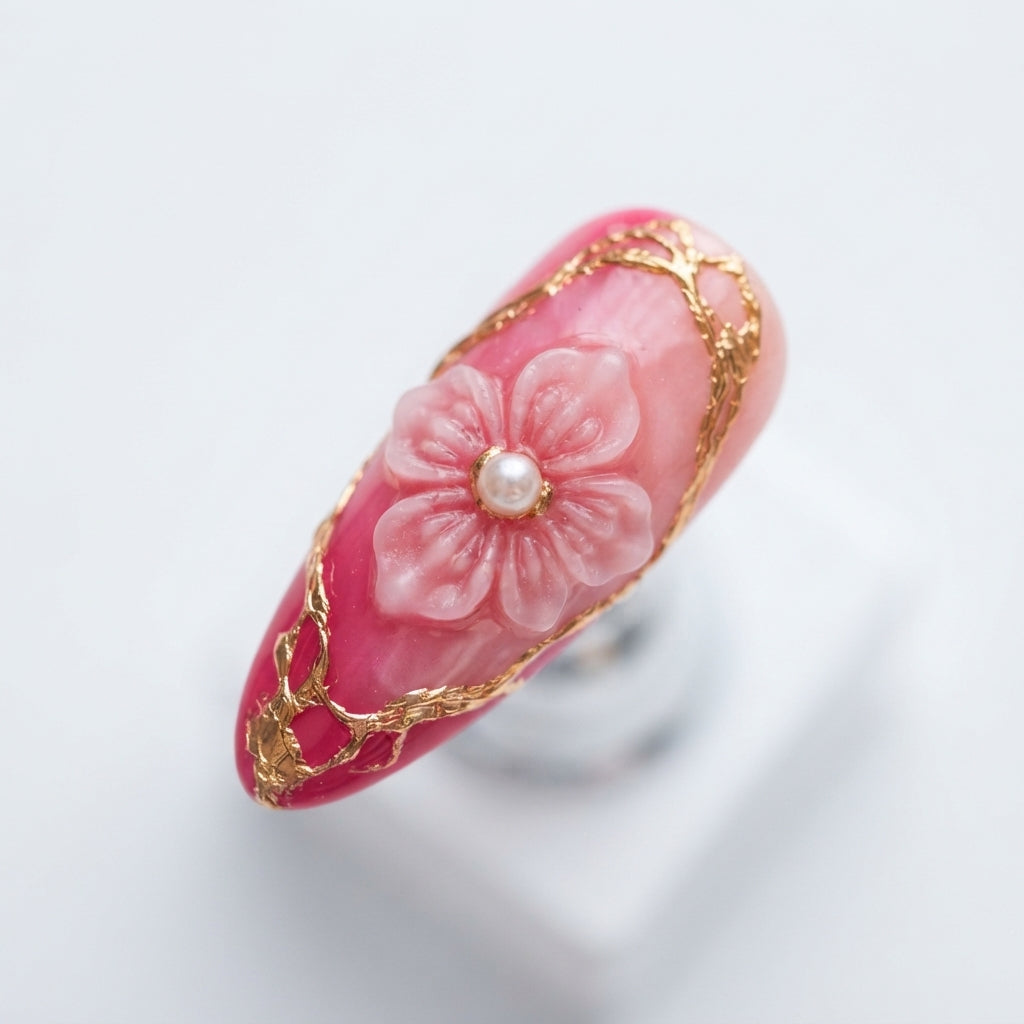 Aymart 24 Pcs Press On Nails – Pink 3D Floral Gold Foil Design Reusable Almond Artificial Fake Nails Set for Women