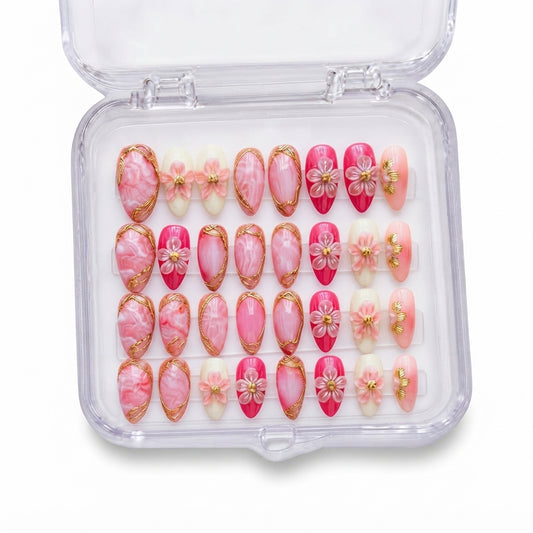 Aymart 24 Pcs Press On Nails – Pink 3D Floral Gold Foil Design Reusable Almond Artificial Fake Nails Set for Women