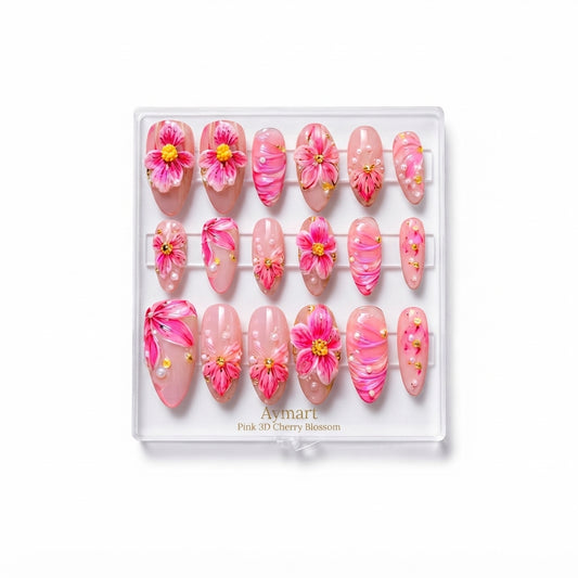 Aymart 24 Pcs Press On Nails – Pink 3D Cherry Blossom Rhinestone Reusable Almond Artificial Fake Nails Set for Women