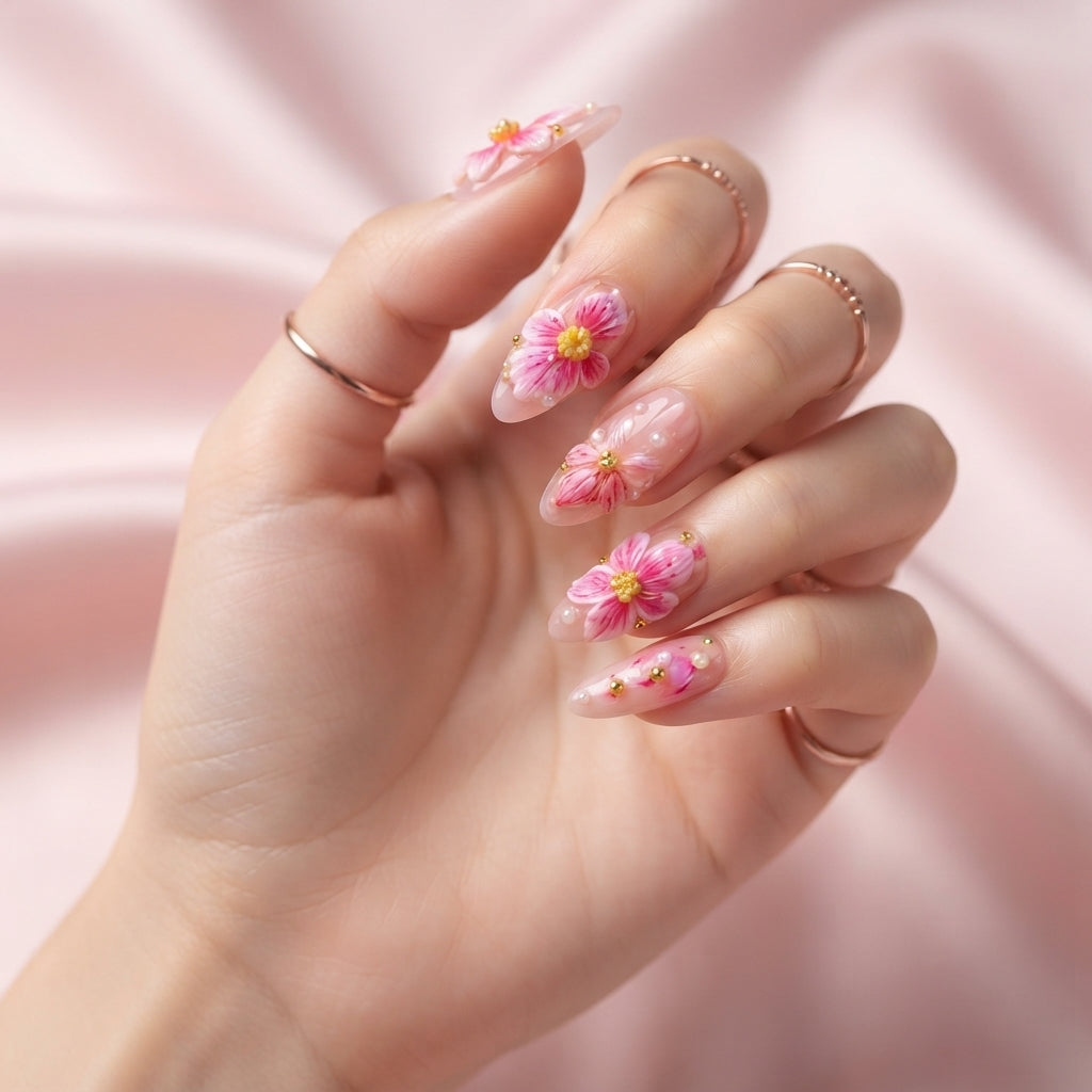 Aymart 24 Pcs Press On Nails – Pink 3D Cherry Blossom Rhinestone Reusable Almond Artificial Fake Nails Set for Women
